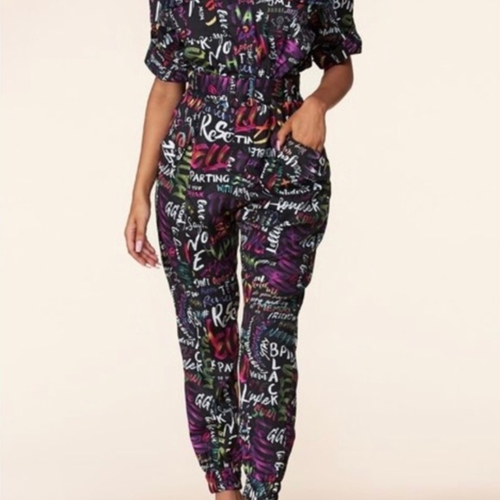 L'atiste Colorful Graffiti Print Full Length Belted Mechanic Style Jumpsuit